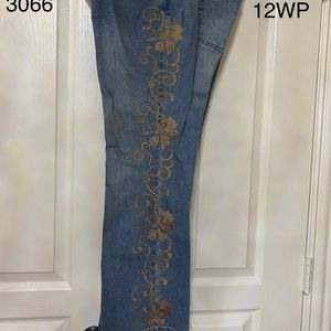 Gorgeous Blue Denim with Bronze Floral Embroidery on Both Legs